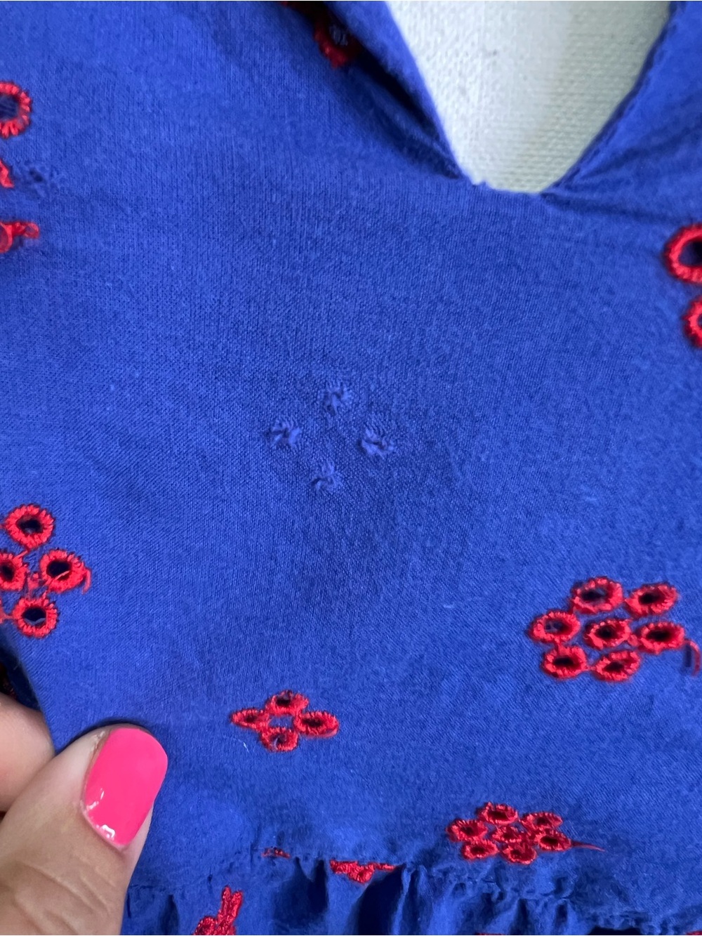 JW STYLE Bohemian Resortwear Blue Ruffled Sleeve Tope with Red Embroidery, XL - Picture 4 of 12